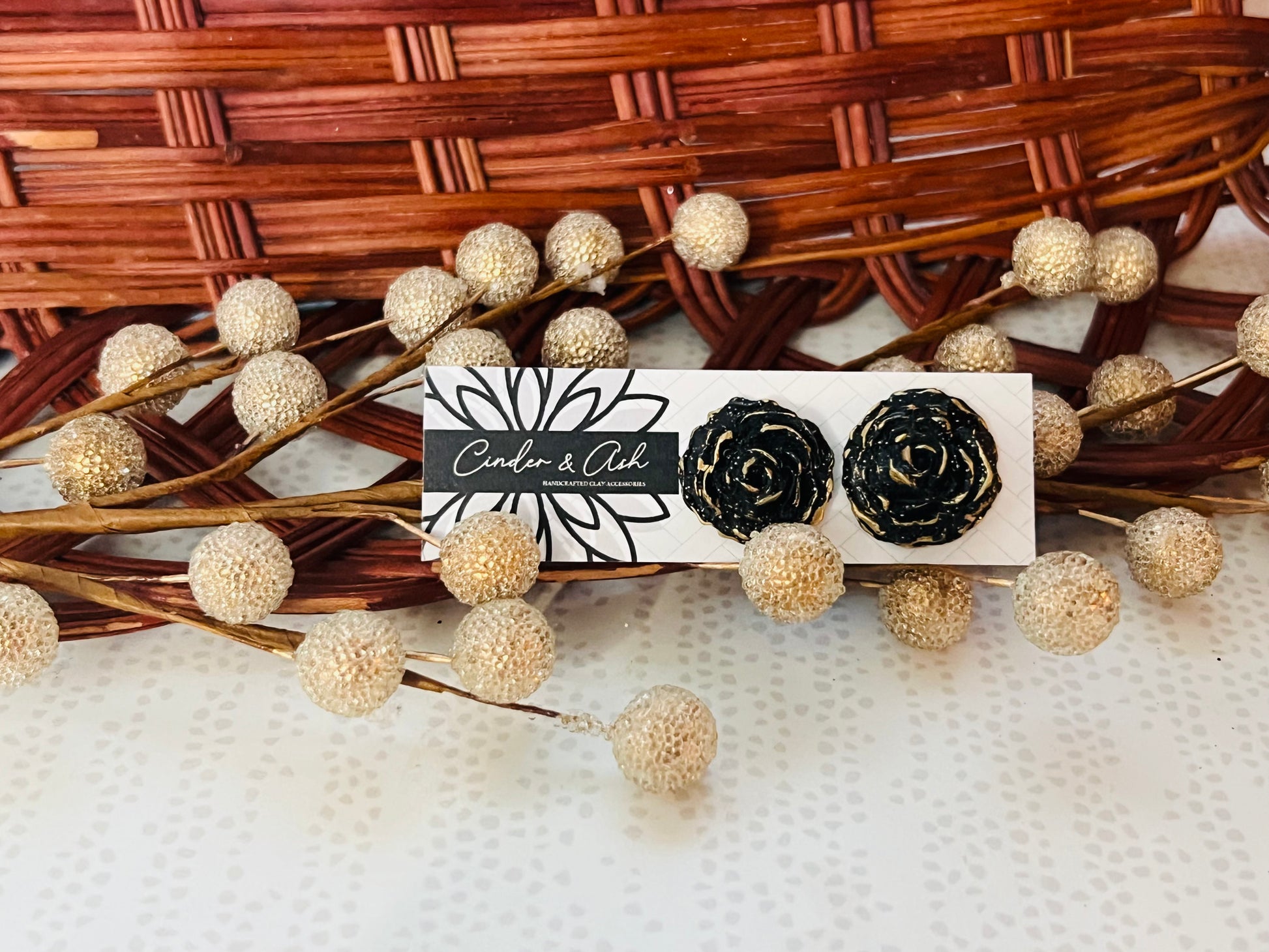 BLACK & GOLD ROSE STUDS - cinder.and.ash